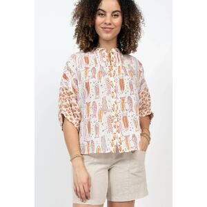 Ivy Jane Fish Graphic Orange Pink Cotton Button Up Top M/L